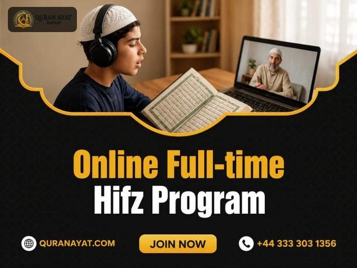 Boy memorizing the Quran with headphones while an online Hifz teacher guides him on a laptop - full-time Hifz program