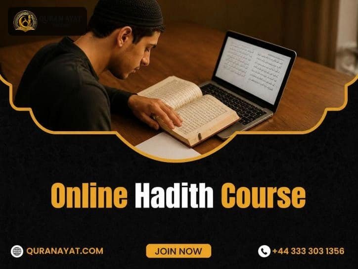 Student reading Hadith books next to a laptop