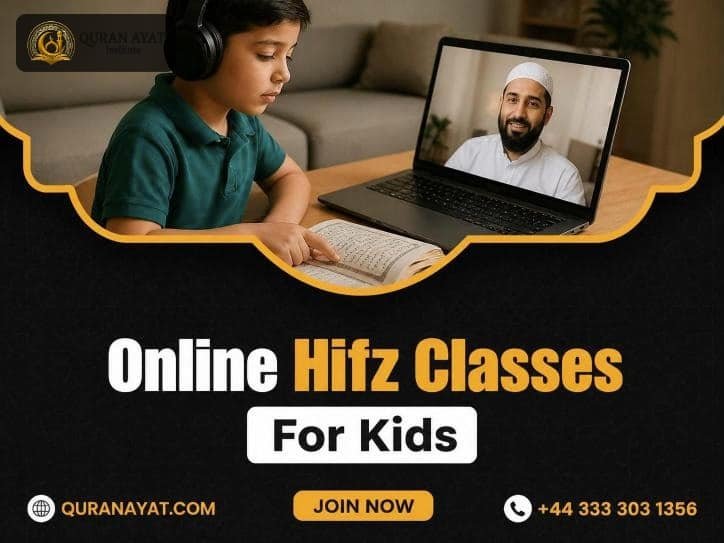 Young boy memorizing the Quran with headphones in an online Hifz class for kids with a teacher on a laptop