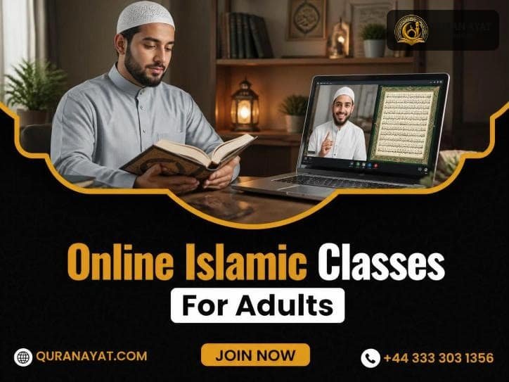 Adult reading the Quran during an online Islamic class