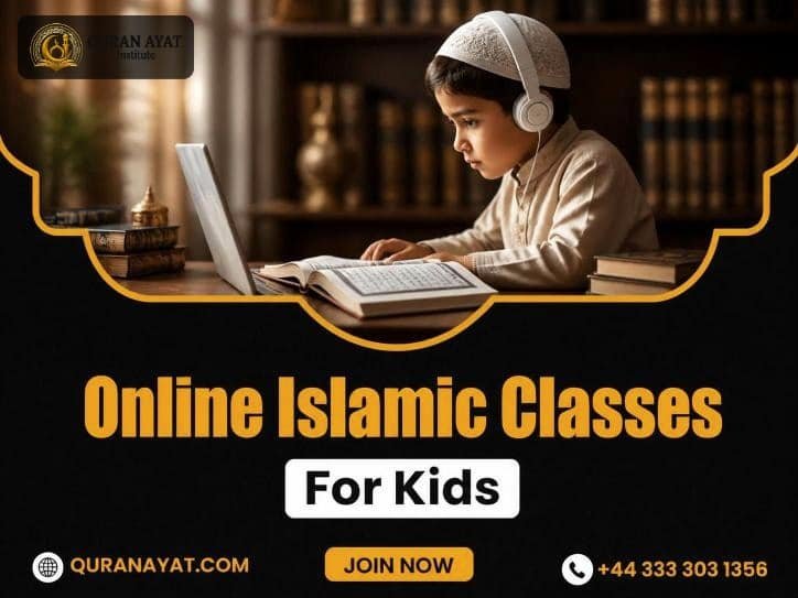 Child with headphones studying in an online Islamic class