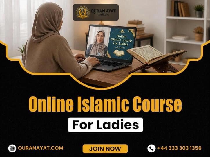 Muslim woman attending an online Islamic course with a female teacher