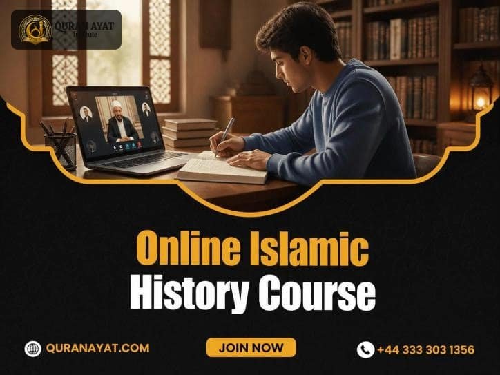 Student taking notes during an online Islamic history class