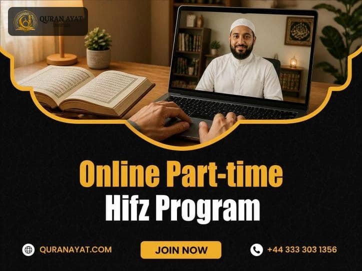 Student taking an online part-time Hifz class with a Quran teacher on a laptop next to an open Quran