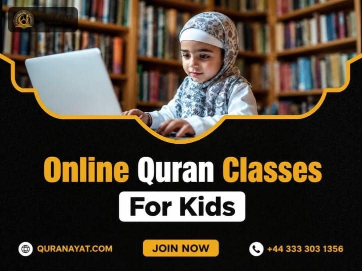 Young Muslim girl in a hijab learning Quran online on a laptop in front of bookshelves - online Quran classes for kids