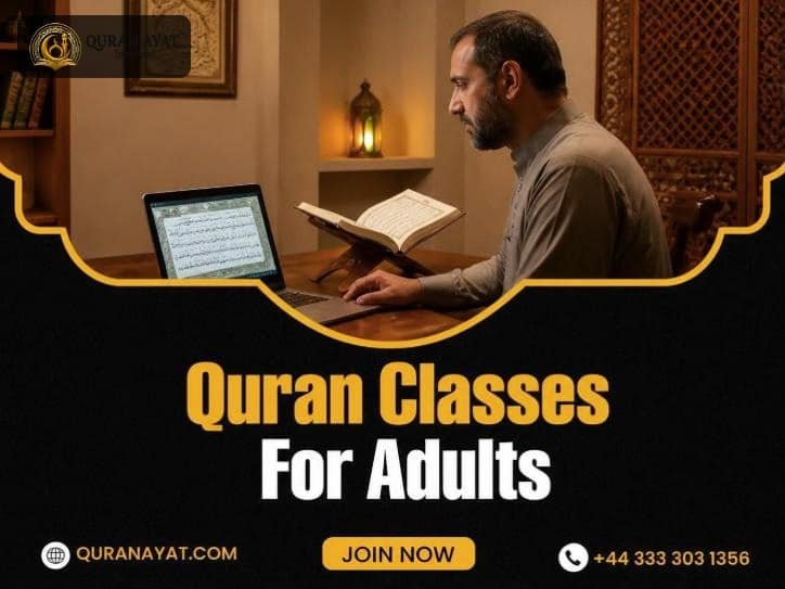 Adult student reading the Quran during an online Quran class