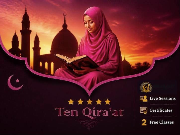 Muslim woman reading the Quran in front of a mosque at sunset